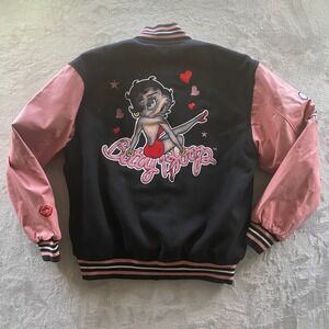 JH Design Betty Boop Varsity Jacket Black Pink Wool Faux Leather Embroidered L